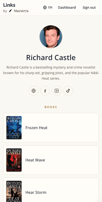 Example author page with profile, social links and book list