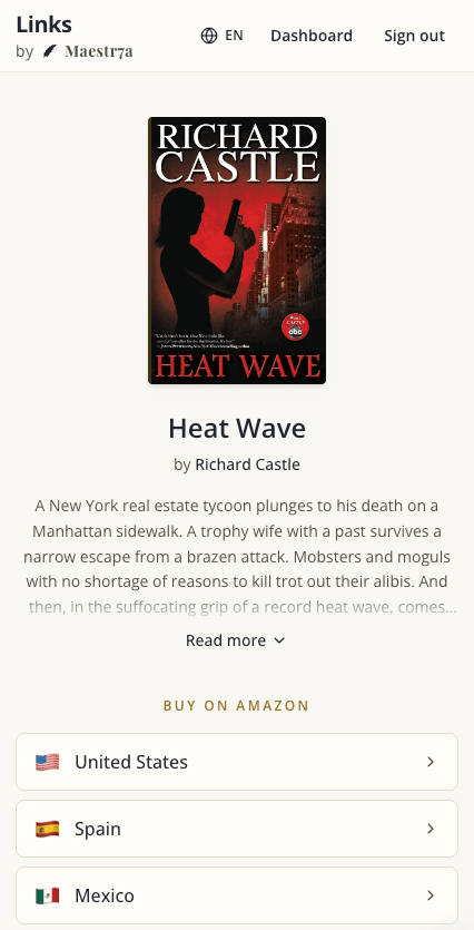 Example book page with cover, description and Amazon store links